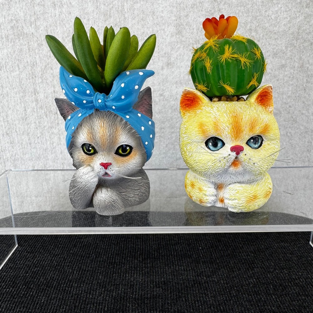 2 Cat Purr-fect Planters Collect Bradford Exchange Cactus Succulent Artificial